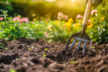 A dedicated gardener is diligently working the rich soil using a pitchfork in a vibrant, colorful flower garden, all basking in the warm sunlight