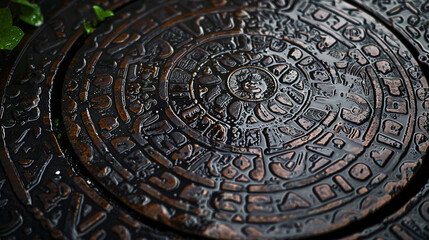 Close-up of a manhole cover with intricate patterns and wet streaks from rain