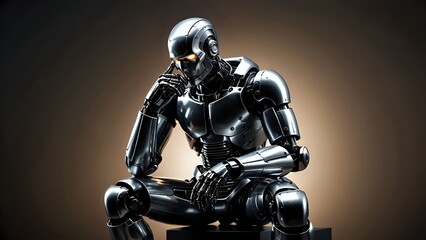 Naklejka premium Robot thinks hard. Robot in deep contemplation.