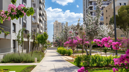 Obraz premium City for life. Beautiful modern urban area. Flowering trees, apartment buildings. Real estate in Israel. Scenic District