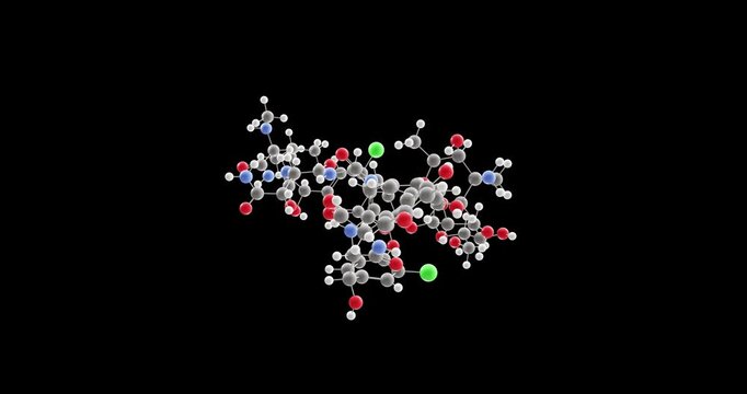 Vancomycin molecule, rotating 3D model of glycopeptide antibiotic, looped video on a black background
