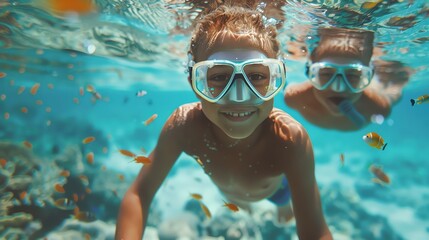 Naklejka premium Two children diving underwater with goggles, vibrant marine life, aquatic adventure
