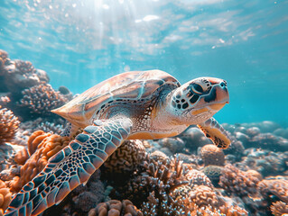 Fototapeta premium Majestic Sea Turtle Gracefully Swimming Through Vibrant Coral Reef Underneath Crystal Clear Ocean Waters