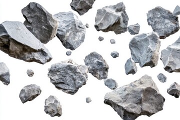 Gray rocks falling through the air, cut out , ai