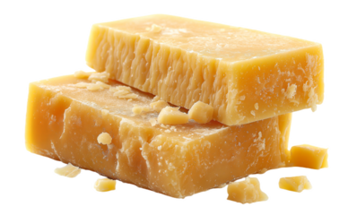 Parmesan cheese pieces with basil leaves isolated on white background. transparent PNG