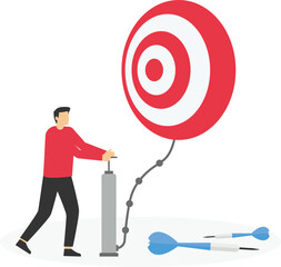 Man pumps up a balloon of a darts shape floats higher. Focus on global business goals. Modern vector illustration in flat style

