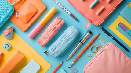 Artistic flat lay of school supplies on a colorful backdrop.