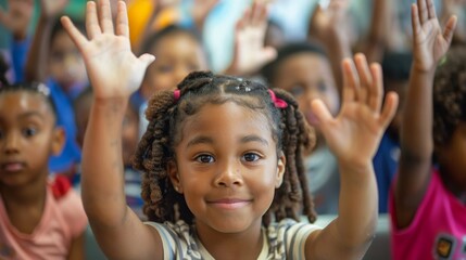 Fototapeta premium Young students enthusiastically lifting their hands to answer a question.