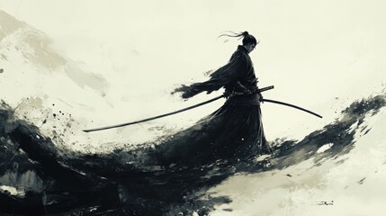 A generative AI image depicting a samurai in an elegant ink painting style. © Pornnapa