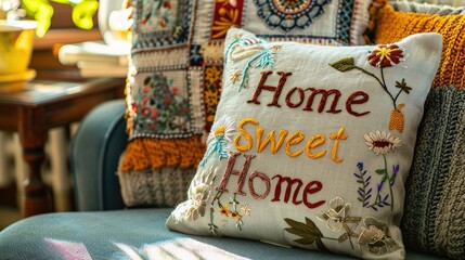 A decorative pillow featuring the embroidered phrase Home Sweet Home adds warmth and charm to a cozy living room setting