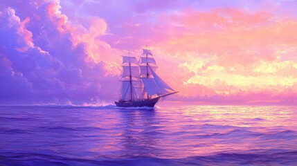 Fototapeta premium A ship glides through the ocean, enveloped in the warm glow of a purple and pink twilight.