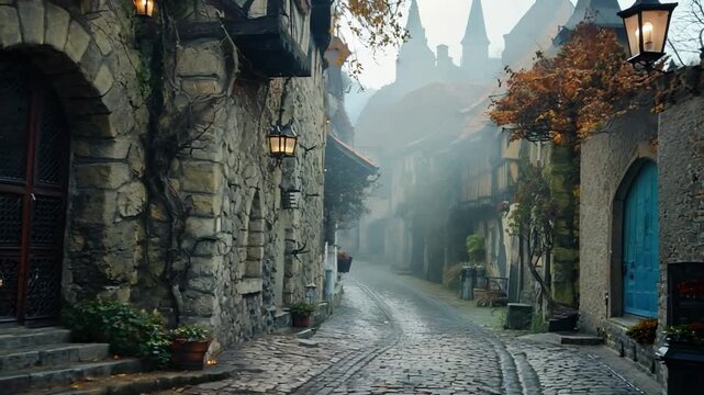 A foggy evening in a mediaeval village with a narrow, empty lane typical of old Europe