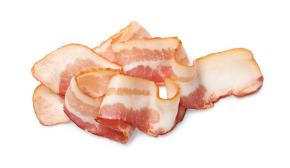 Slices of raw bacon isolated on white, top view