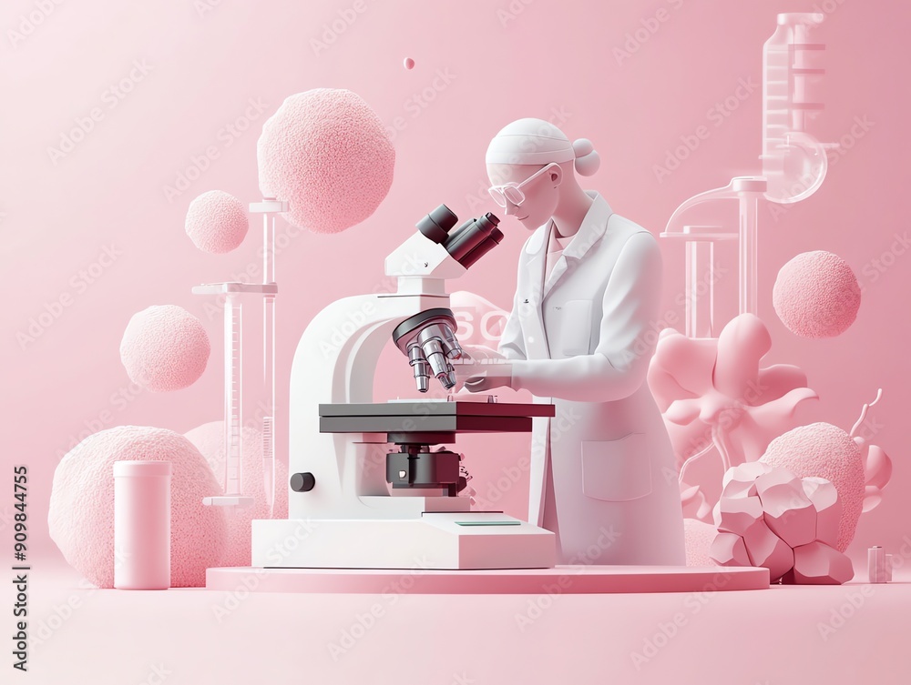 Poster scientist examining sample under microscope.