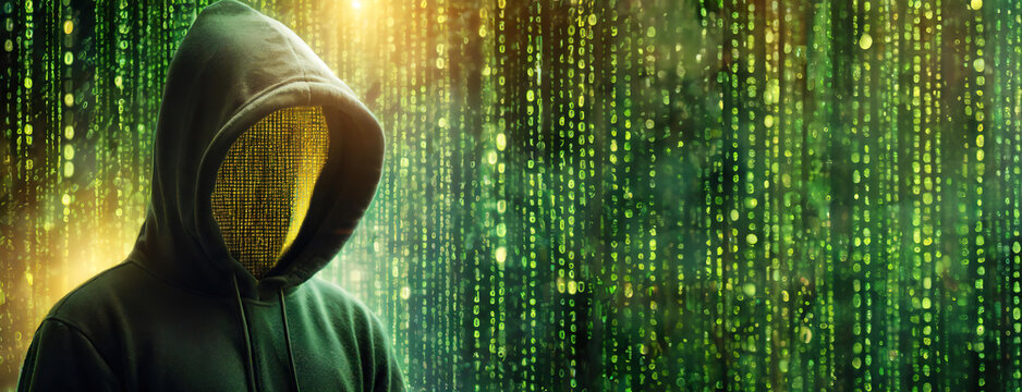 Person wearing a hoodie with a matrix code face stands against a background of green digital code, symbolizing a hacker in a digital world.
