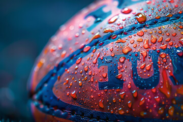 Fototapeta premium Closeup of a rugby balls textured surface, sport theme, front view, highlighting the detailed patterns, advanced tone, Complementary Color Scheme