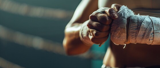 A close-up view of a boxers hands wrapped in bandages, preparing for a training session