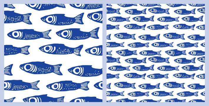 Blue Sardines Little Fish Marine Life Seamless Pattern Vector Illustration