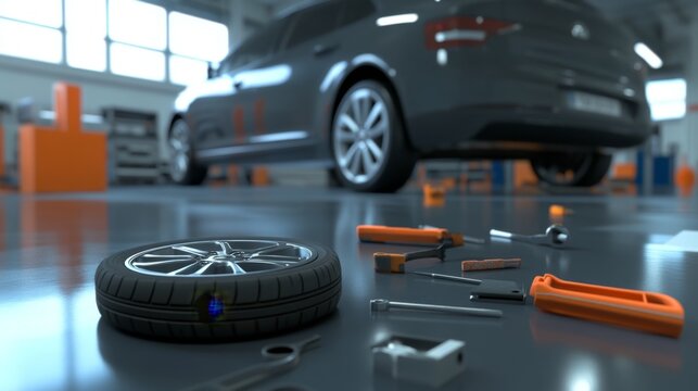 Visual Step-by-Step Guide for Changing Car Tires: Automotive Maintenance Infographic with Tools and Vehicle Background. AI-Generated 4K Wallpaper for Automotive Industry Marketing and DIY Car Care Edu