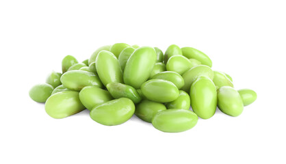 Raw green edamame soybeans isolated on white