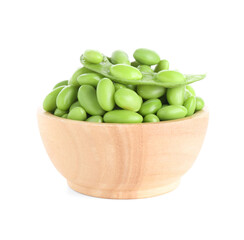 Raw green edamame soybeans and pod isolated on white