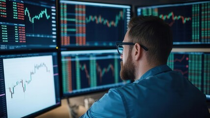 Stock trader analyzing market trends on multiple screens, intense focus, financial industry, market analysis
