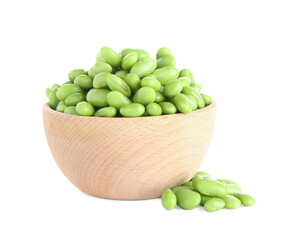 Raw green edamame soybeans in bowl isolated on white