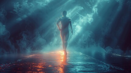 Fototapeta premium A Silhouette Walking Through Mystical Fog in a Dimly Lit Environment at Night