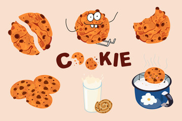 Cute flat cartoon chocolate cookies illustration. Cookies cute characters. Happy cookie day poster with inscription. Happy cookie day poster
