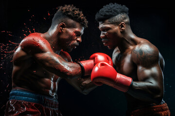 Intense boxing match. powerful punch in dynamic high-contrast lighting