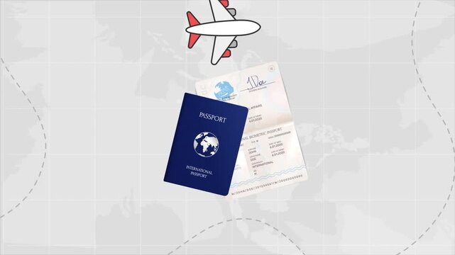 Airplane flying throught the world map passport and visa living abroad concept