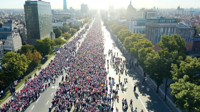 A crowd , marching for social justice under a blue sky, with colorful banners expressing demand for change, radiating energy.