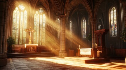 Obraz premium A beautiful church interior with a prominent cross, intricate woodwork, and warm sunlight streaming