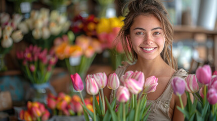 Fototapeta premium Smiling Young Woman Surrounded by Colorful Flowers in a Bright and Cheerful Flower Shop