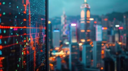Cityscape at Night with Digital Financial Data Overlay, Illuminated Skyscrapers and Blurred Lights