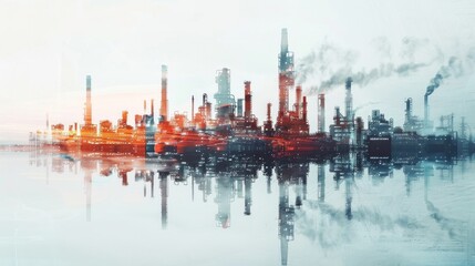 Obraz premium The image intricately blends industrial and abstract elements: a chemical plant reflected in water, surreal sky, and abstract art textures, inviting contemplation on industry and art's relationship.