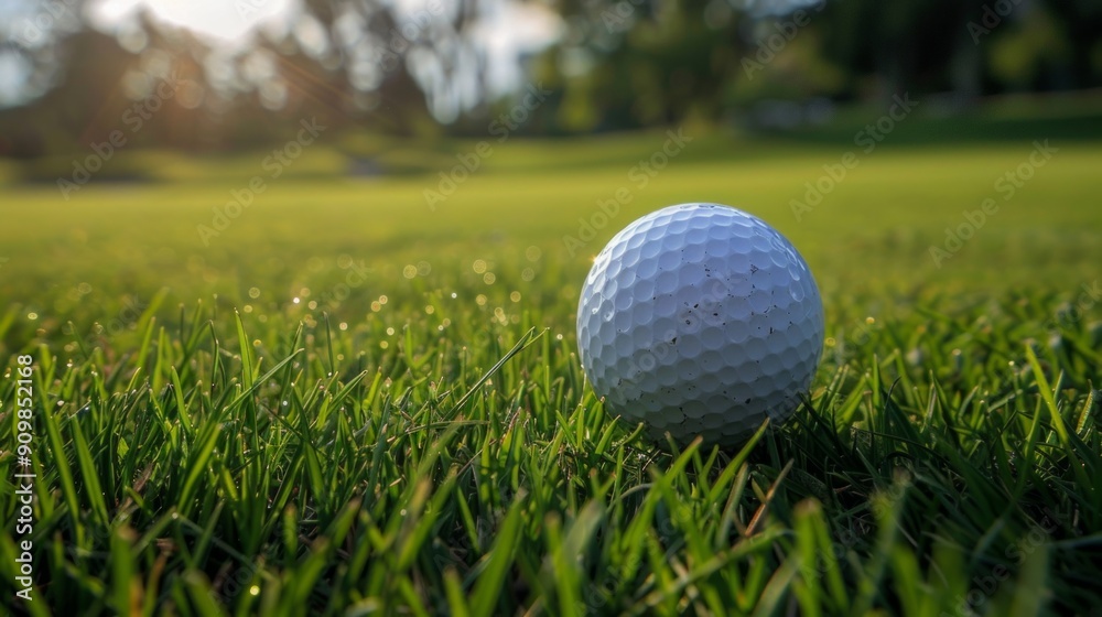 Canvas Prints a serene image of a white golf ball on lush green grass, surrounded by dew-covered foliage and dista