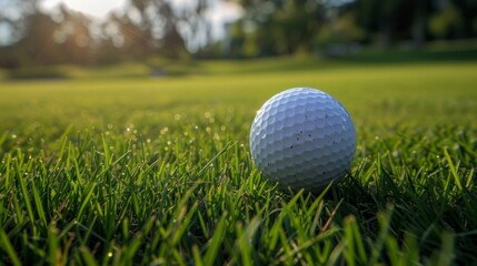 Obraz premium A serene image of a white golf ball on lush green grass, surrounded by dew-covered foliage and distant trees, evoking a peaceful summer day ambiance.