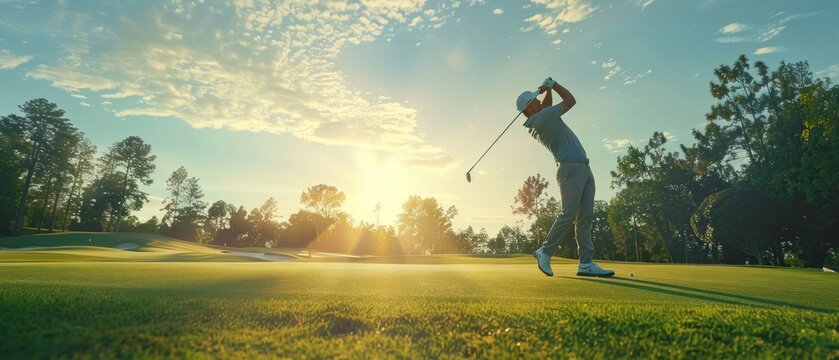 A golfer, bathed in sunlight, swings on a peaceful day. Clear sky, green grass, and focus on technique create a serene golfing atmosphere in nature.