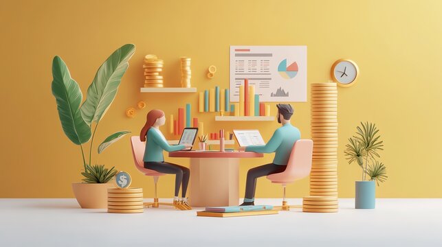 3D Illustration of Business People Working on Laptops in a Modern Office.