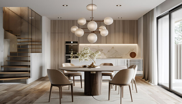 Modern dining space with round table upholstered chairs statement light fixture
