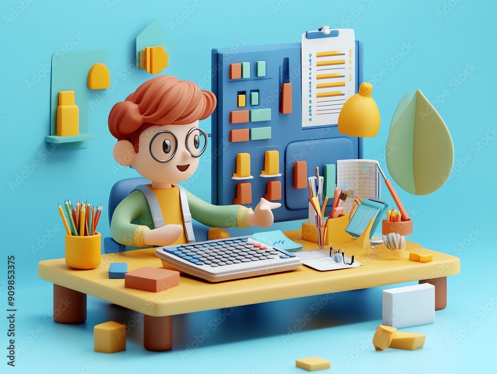 Poster 3D cartoon character working at desk with computer.