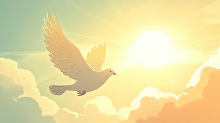 Naklejka premium A peaceful cartoon of a mother as a dove, flying towards a bright horizon, symbolizing peace and love.