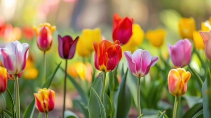 Colorful tulips bloom beautifully in a garden, showcasing a stunning array of hues during the vibrant spring season