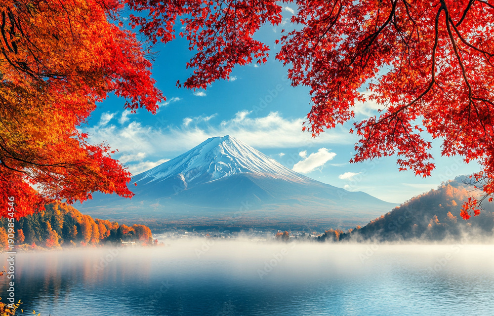 Wall mural mount fuji lake kawaguchi in autumn season