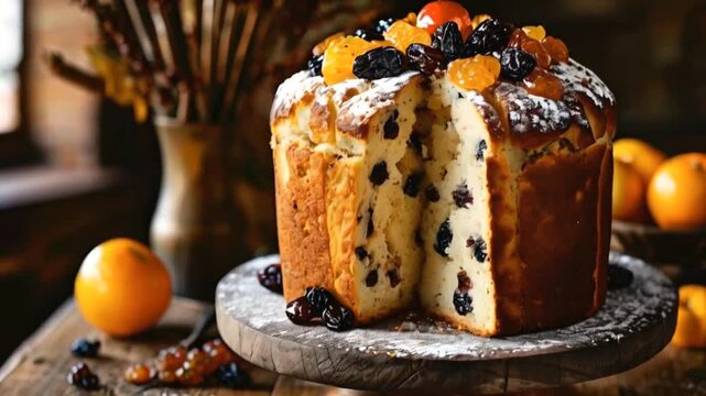 close-up of fruitcake with dried fruits and nuts on kitchen counter
