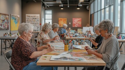 Creative Seniors Sharing Artistic Inspiration in a Spacious Studio