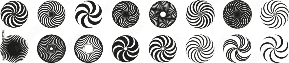 Poster set of minimalist concentric circle logo. optical illusion with striped lines. abstract shapes. mini