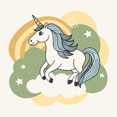 Unicorn with a golden horn clouds rainbows and stars in the background vintage colors