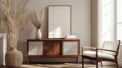 Minimalist Living Room with Wooden Cabinet and Chair